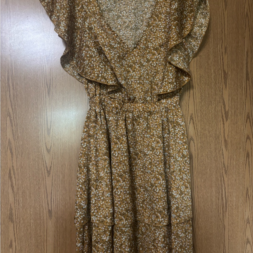SHEIN Mustard Floral Ruffle Mini Dress